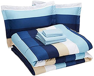 7-Piece Lightweight Microfiber Bed-in-a-Bag Comforter Bedding Set - Full/Queen, Blue Stripe