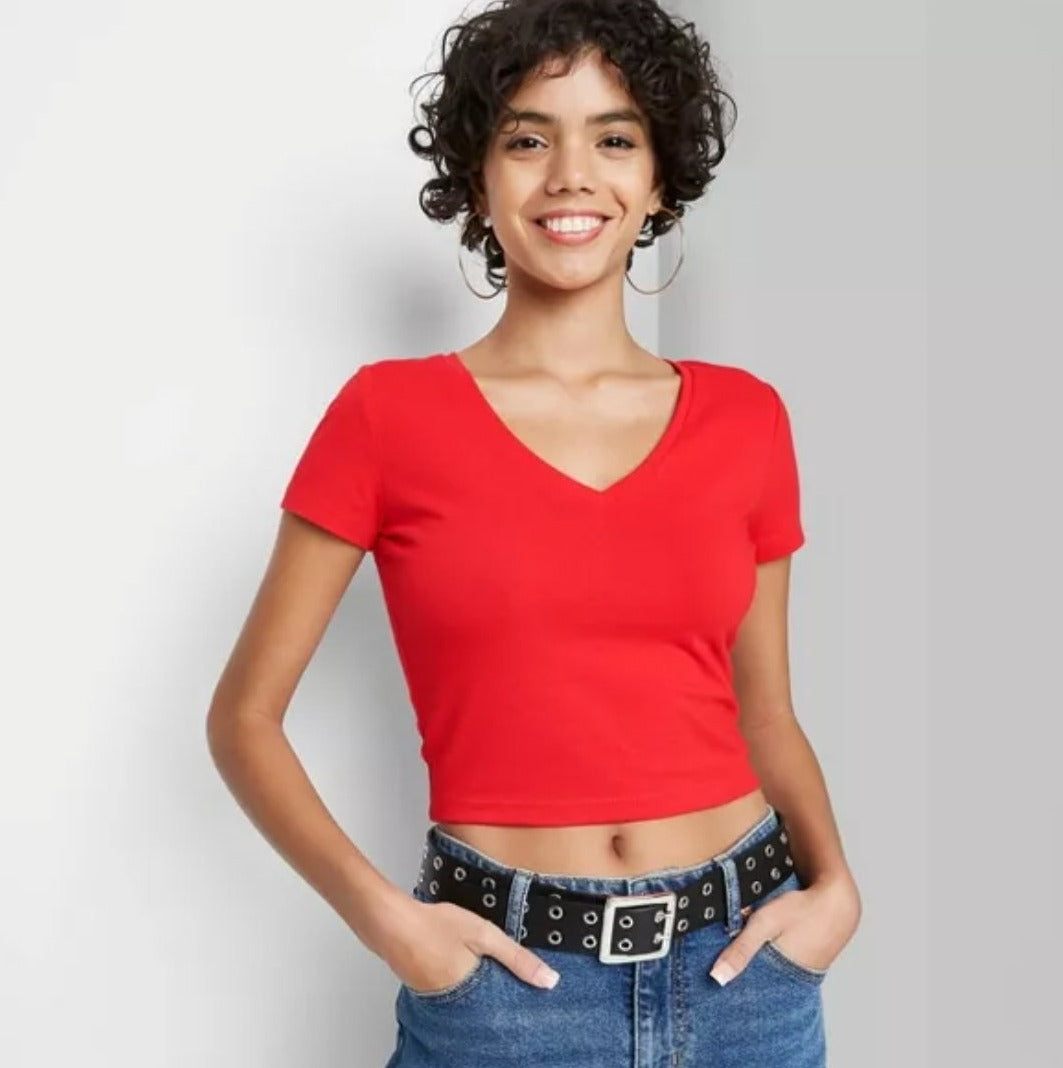 Women's Short Sleeve Boxy Cropped V-Neck T-Shirt - Wild Fable Black XS