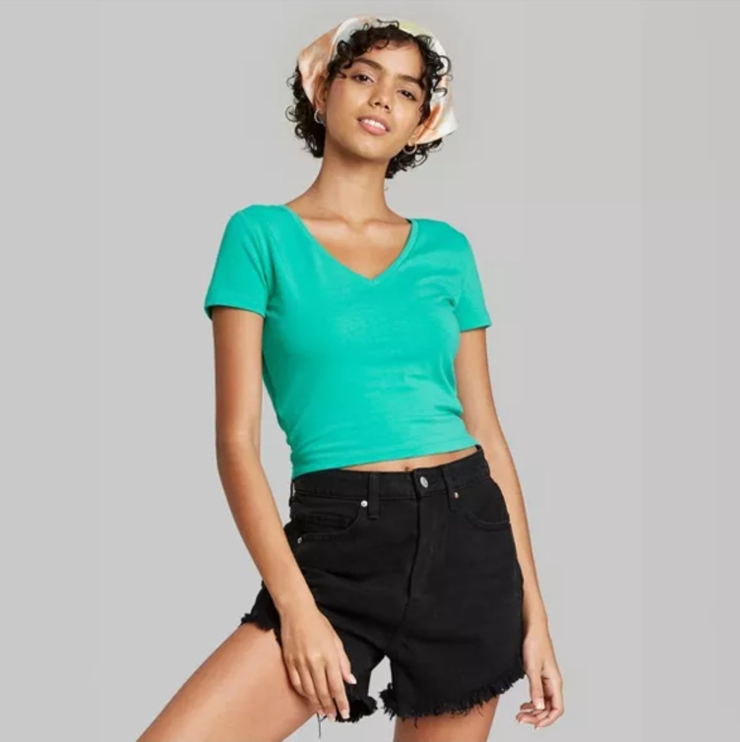 Women's Short Sleeve V-Neck Cropped T-Shirt - Wild Fable, Green, Choose  Size