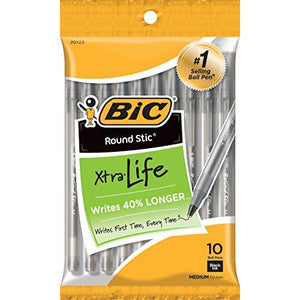 BIC Round Stic Xtra Life Ballpoint Pens, Medium Point, 10ct - Black