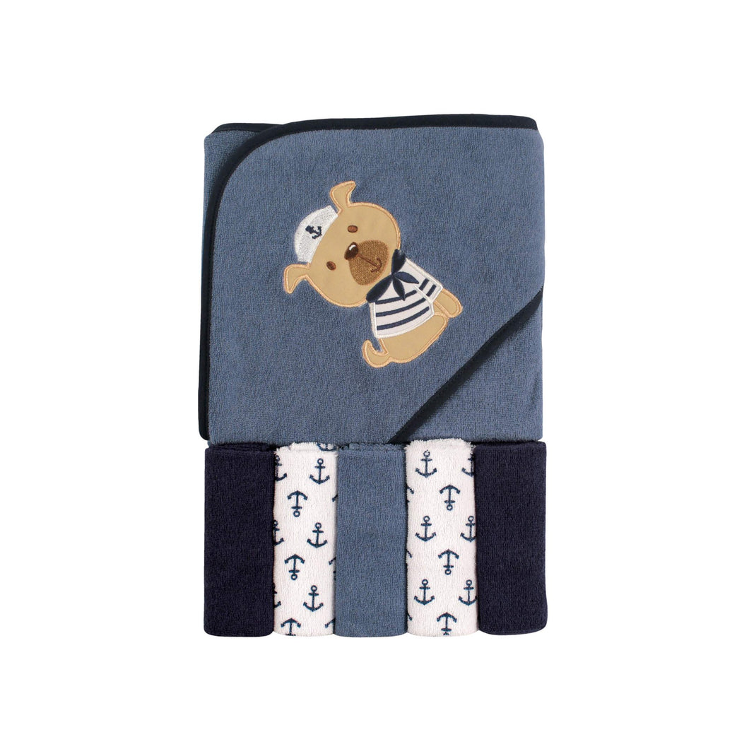 Baby Hooded Towel With 5 Washcloths, Boy Dog